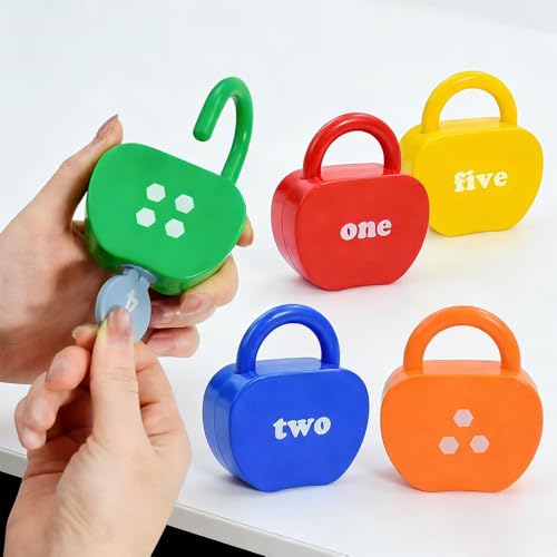 Image of GEERAY Cause and Effect Toys for Toddlers 3 4 5, Montessori Lock & Key Set with 5 Apple-Shaped Locks, Keys & 10 Cards - Numbers Matching & Counting, Preschool Learning Games Gifts