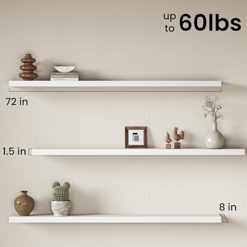 Image of Fun Memories 72Inch Long Floating Shelves, 8 Inch Deep Shelves for Bedroom|Living Room, Wall Mounted Wood Hanging Shelf with Invisible Brackets for Fireplace Mantel Home Storage Decor, White - 2 Pack