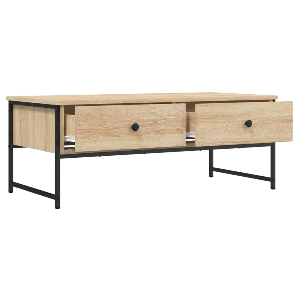 Stolik kawowy dąb Sonoma 101 x 49 x 39,5 cm, materiał drewnopochodny, metalowa rama, z 2 szufladami, stół do salonu, nowoczesne stoliki kawowe do salonu