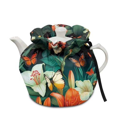 XYZCANDO Floral Tea Cozy Home Decorative Kettle Quilt Keep Warm Anti-Scald Breakfast Warmer Flower&Butterfly Pattern Dustproof Teapots Covers for Traditional English High Tea Party