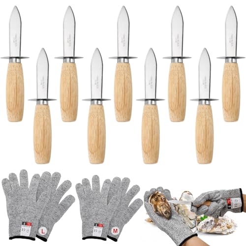 Suwimut Lot de 9 couteaux à huîtres en acier inoxydable avec 2 paires de gants résistants aux coupures de niveau 5 M & L ; kit d'outils pour ouvrir les fruits de mer