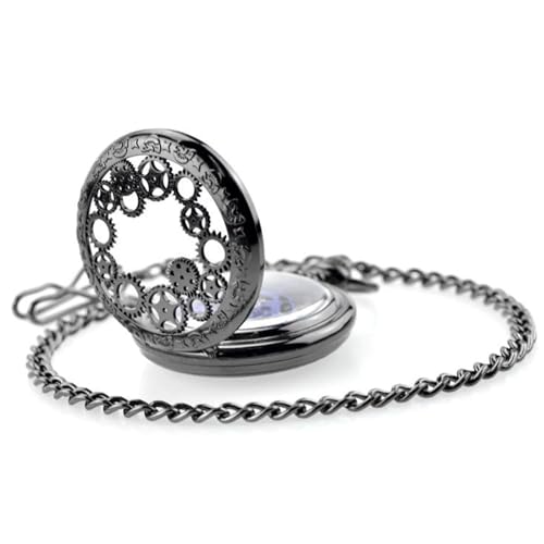 FARIDRUN Reloj de bolsillo mecánico para hombre, reloj de bolsillo retro, serie Steampunk Gear, esfera de números romanos esqueleto, caja de acero inoxidable negro, cadena de 14 pulgadas