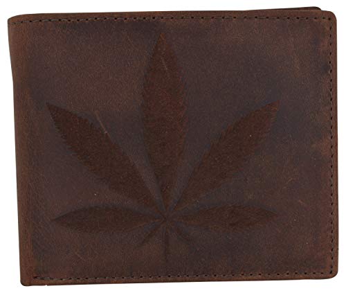 Genuine Leather RFID Bifold Mens Marijuana Leaf Logo Wallet