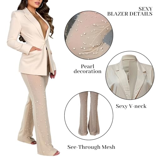 LKOUS Sexy Blazer Suits for Women,Long Sleeve Blazer and Mesh Beading Pants Clubwear Set with Underwear4