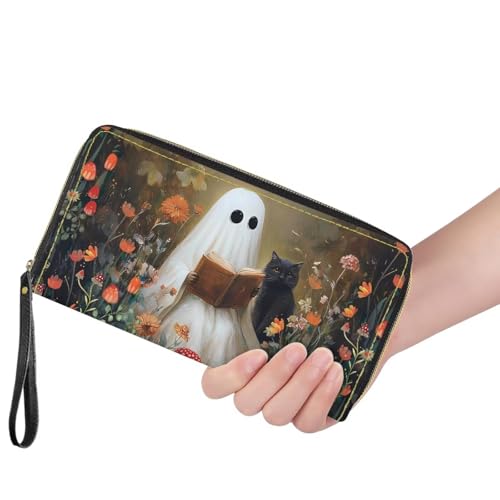 Tuoxiukan Floral Ghost RFID Blocking Wristlet Wallet for Women Slim PU Leather Clutch Purse with Zipper Small Credit Card Holder Travel Wallet for Ladies Halloween Gifts for Mom Sister3