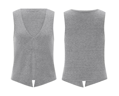 Image of Womens Vintage Knittd Tank Y2k Vest Crop Top Sleeveless V-Neck Open Front Button Crochet Knit Vests Versatile Tops