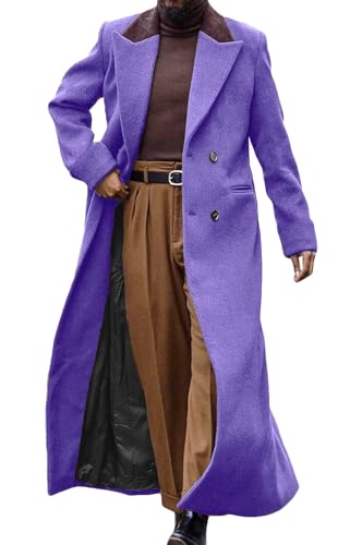 Image of Man's Double Breasted Full Length Trench Coat Casual Corduroy Collar Long Jacket Peacoat Wool Blend Winter