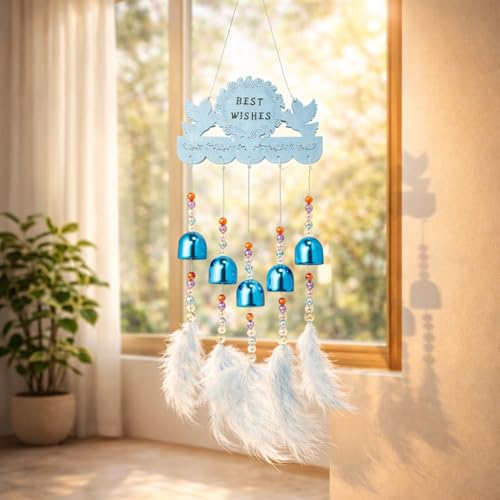 Image of Decorative Wind Chime for Home | Wooden House with Bells Colourful Beads | Positive Energy Balcony Living Room Hall Garden Home Decor (Best Wishes)