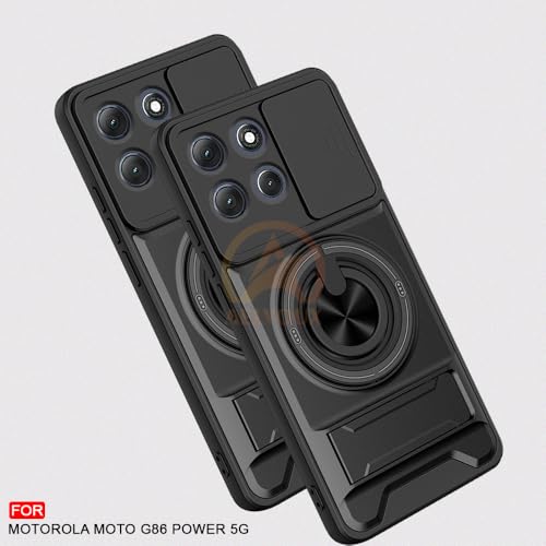 Image of Moto G86 Power 5G Back Cover | Armor Camera Slider 360 Degree Rotating Finger Ring Holder Case with Bracket Stand Back Case Cover (Compatible with MagSafe Accessories) (Black)