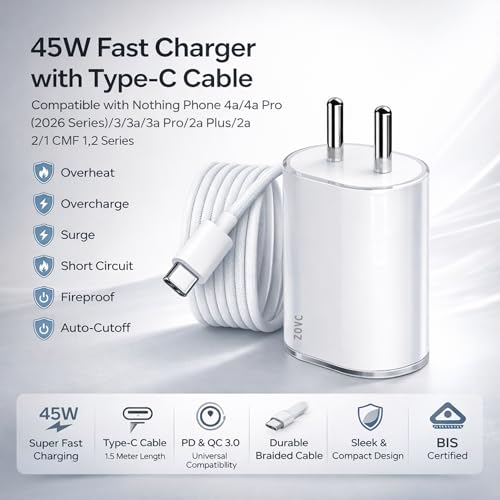 Image of 45W PPS Adapter with Type C to C Cable Compatible with Nothing Phone 4a /4a Pro(2026 Series) 3 /3a /3a Pro /2a Plus /2a /2 /1 CMF1,2 Series