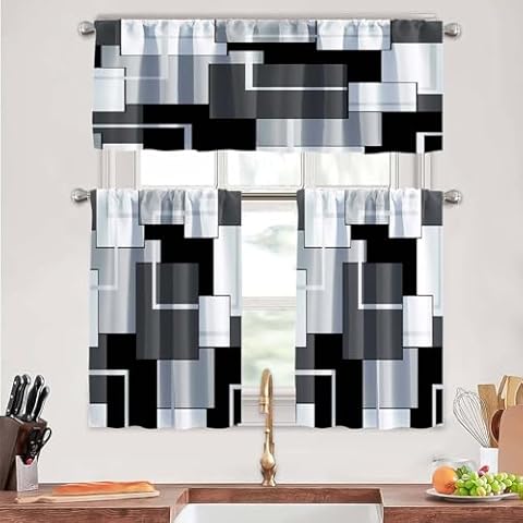 MCALK Dark Grey Kitchen Curtains Tiers and Valances Set 3 Piece for Windows Geometric Modern Art Kitchen Window Curtains Set,Grey and Black Valances for Living Room(36" Tiers Set) Cover