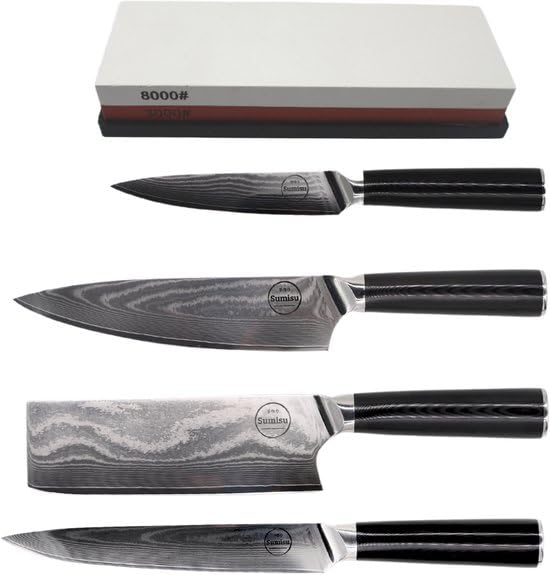 Couteaux japonais Shotoh et Nakiri en Damas : le coffret cadeau idéal avec pierre incluse
