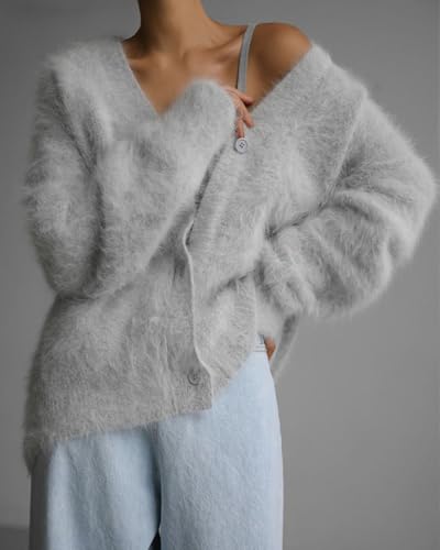 Image of Womens Fuzzy Sweaters Cardigan V-Neck Button Down Oversized Mohair Sweater Casual Y2k 2026 Fall Winter