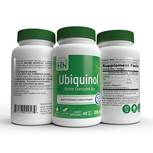 Image of Health Thru Nutrition Ubiquinol 100mg 60 Softgels as Kaneka QH Reduced CoQ-10 | Stabilized - 3rd Party Tested | Enhanced Bioavailability | Cardiovascular & Mitochondria Function Support | Non-GMO