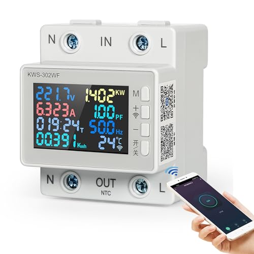 Ailao Medidor de energía Consumo Wifi Wattmeter Tuya Smart Medidor eléctrico DIN Contadores de energía Tensión/corriente/frecuencia/potencia/energía HD Pantalla digital a color AC170-300V/63A.