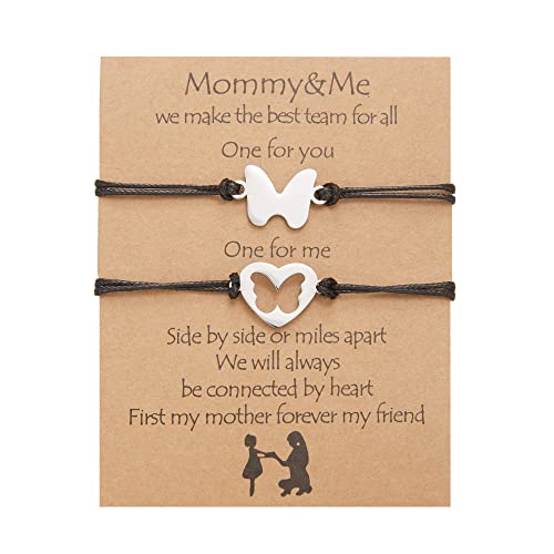 Image of Mother and Daughter Bracelet Set Heart butterfly Round Star Pedant Bracelet Stainless steel matching bracelets with Message Card Gifts Jewelry for Mothers Day Gifts for Mom from Daughters, Leather,