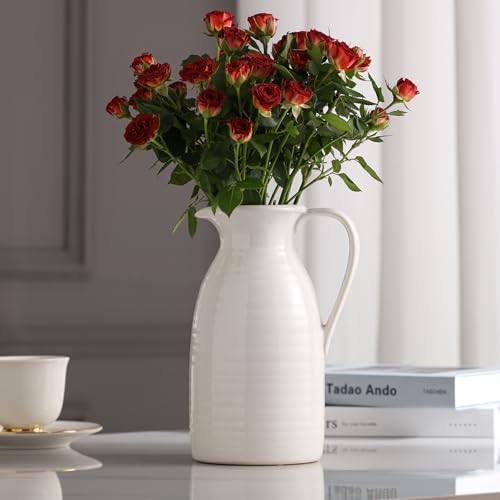 Hjn Farmhouse Pitcher Vase For Flowers- Ceramic Pitcher Vase White Flower Vase For Your Kitchen/Home Decor/Office/Living Room/Bookshelf/Mantel/-White thumb #1