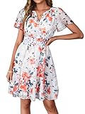 Simplee Women 2026 Floral Summer Short Dress Short Sleeves V Neck Chiffon A-Line Casual Flowy Boho Mini Dresses Ivory Orange Floral L