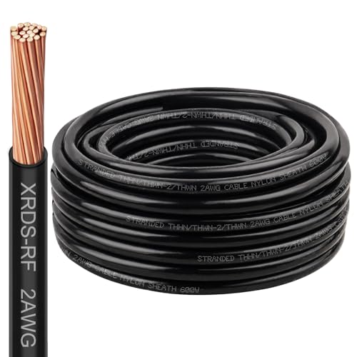 Image of XRDS -RF 2AWG THHN Wire, 50FT Black Stranded Copper Electrical Wire, Nylon Jacket, 600V Rated, Heat & Abrasion Resistant THHN /THWN-2 Cable for Household, Automotive, Solar, RV, Inverter