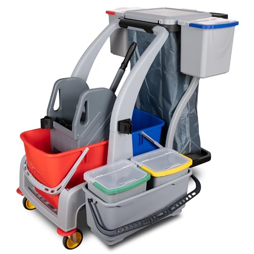 G.I.V. Multifunktions Reinigungswagen - Putzwagen mit Vertikalpresse 2x18L Eimer 4-Farbsystem Eimer + Deckel je 6L zusätzlicher Putzeimer Dauerabfallsack leise Räder Halterungen für Stiel + Mopp