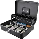 Barska 12-Inch Cash Box with Key Lock – Standard Register Style, 4 Bill Compartments, 5 Coin Tray Sections, Steel Construction, Portable Money Box for Home, Office, or Events