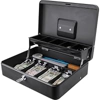 BARSKA CB13054 Key Lock 12" Register Style Cash Box with 4 Bill Holder and 5 Section Tray, Black, 9.5" x 12" x 3.5"