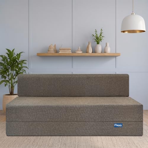 Image of Starlon 3 Seater Sofa Cum Bed Foldable 3-in-1 Sofa Bed with 1 Year Warranty, Washable Jute Fabric Cover & 2 Geometrical Pillows | Guest Bed | Coffee Brown 6x6.5 Ft