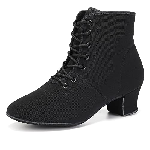 HROYL Botines de Baile Latino Mujer con Tacón Bajo Zapatos de Baile Salsa y Bachata de Salon Negro-5-S,EU 37