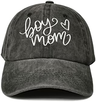 Hepandy Funny Boy Mom Hat for Women, Embroidered Gifts Mama Baseball Cap, Distressed Washed Black Cotton Adjustable Hat