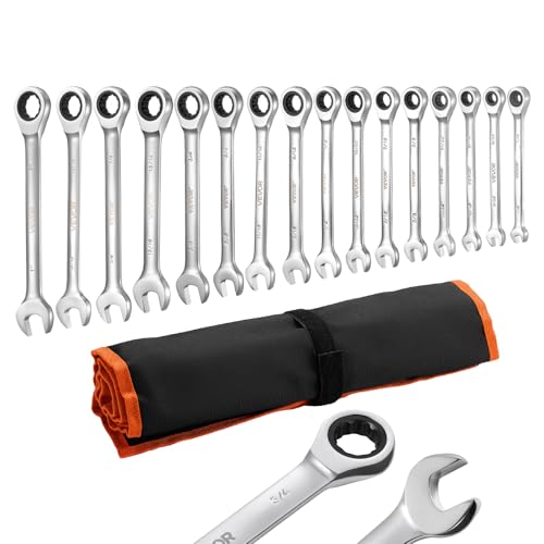 Image of VEVOR Combination Wrench Set, 16-Piece SAE Sizes, 72 Teeth, Cr-V Steel Ratcheting Wrench Set, with Roll Up Pouch, Open End, Clear Size Labels, for General Household and Automotive Repairs, Silver