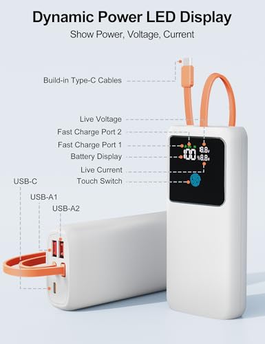 Image of Portable Laptop Charger 24000mAh 65W w /USB C Built-in Cable White | 65W Fast charging, LED display, Charge 4 devices at once, Pass through, TSA approved, Compatible with Macbook /Notebook /iPhone