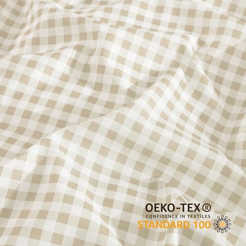 Image of Andency Gingham Duvet Cover Queen Size, Cream Beige Checkered Plaid Bedding Set, 3 Pieces Soft Prewashed Polyester Comforter Cover with Zipper Closure & Corner Ties
