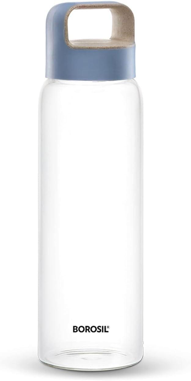 Nobel Borosil Glass Water Bottle, 1000ml, Wide Mouth, Leakproof Borosilicate Glass, Microwave Safe (Blue Lid with Handle)