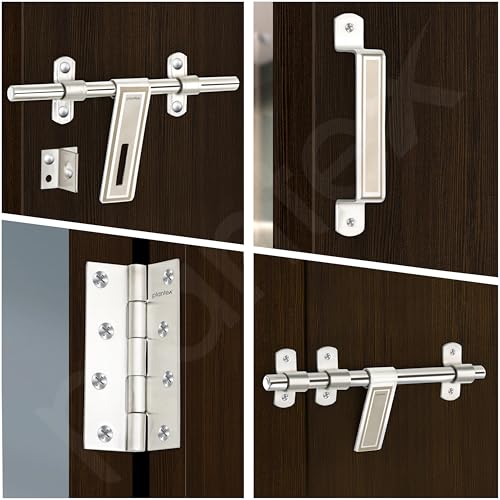 Image of Plantex Stainless Steel Door Kit for Bathroom /Door Hardware /Accessories /3 Hinges /10 inch Al-Drop /8 inch Latch /8 inch 2 Handles - Pack of 1 (APS-1320, Chrome)