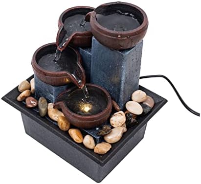 Indoor 4-Tier Relaxation Tabletop Fountain Waterfall Function，with Warm Color LED Lights and 3-Level Adjustable Water Pump for Home and Office Decoration Brown
