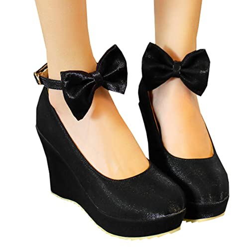 BEAUPAS Women's Round Toe Wedge Platform High Heel Pumps Ankle Strap Buckle Bows Cute Shoes4