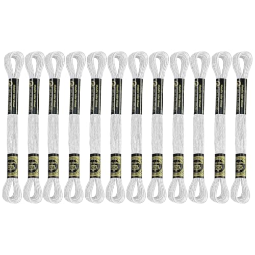 12 Skeins Embroidery Floss, White Metallic Embroidery Thread Polyester Cross-Stitch Threads for Hand Embroidery String Art DIY Creation
