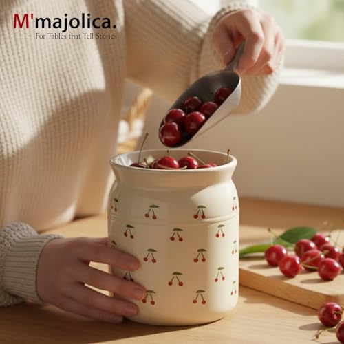 Image of Cherry Printed Ceramic Handglazed Pickle Jars Set of 1-1000 ML Each | 1 kg Achaar Martban Barni Jar with Lid | Ceramic Storage Jar Container Pickle /Achar, Chatney