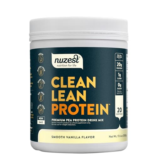 Nuzest - Pea Protein Powder - Clean Lean Protein, Premium Vegan Plant Based, Dairy Free, Gluten Free, GMO Free, Naturally Sweetened Protein Shake, Smooth Vanilla, 20 Servings, 1.1 lb