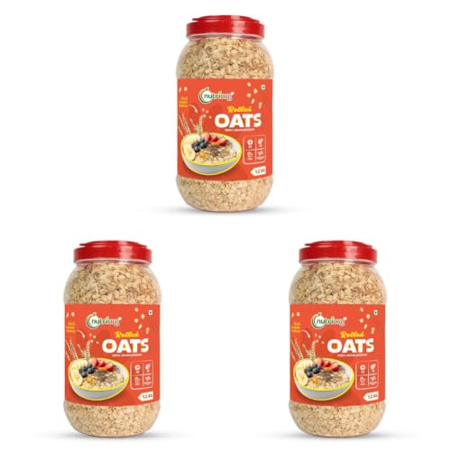 Image of Nutriorg Rolled Oats 1.2 Kg | Gluten Free | High protein | Weight loss | Fibre Rich | Easy to Cook | Overnight Oats | Nutritional Breakfast Cereal Oats | Air Tight Plastic Jar (Pack of 3)