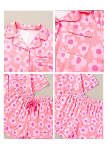 Image of KevaMolly Women Floral Notch Collar 2 Piece Holiday PJ Set | Print Short Sleeve Top, Drawstring Soft Vacation Sleep Shorts