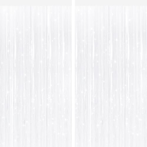 2 Pack White Metallic Tinsel Foil Fringe Curtains Door Streamers Photo Booth Backdrop for Birthday Party Tinsel Curtain Backdrop for Baby Shower Bachelorette Christmas Party Decorations