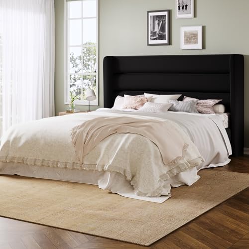 Image of Allewie Full Size Platform Bed Frame with Velvet Upholstered Wingback Headboard, No Box Spring Needed, Under Bed Storage Space, Strong Wooden Slats, Modern Mattress Foundation, Easy Assembly, Black