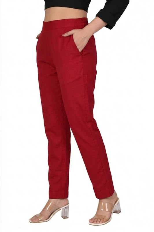 Image of Solid Cotton Woman Trousers Pants Regular Fit Kurti Pant with Drawstring Daily Office Formal Casual Use