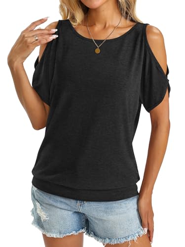 Womens Cold Shoulder Tops Banded Bottom Boat Neck T Shirts Summer Sexy Casual Loose Fit Clothes 20254