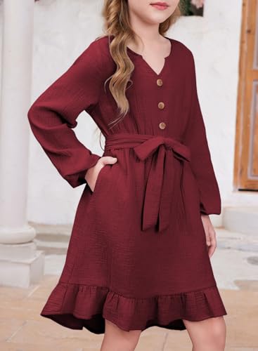 blibean Girls Cotton Long Sleeve Dresses Ruffled Semi Formal Dress Size 6-15 Years3