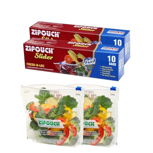 Image of Zip Lock Bag with Slider | Small Pack of 2 (20 Bags, 21x18 cm) | Reusable Freezer & Microwave Safe Ziplock Bags for Fridge Storage | Food Grade Zipper Pouch for Kitchen & Travel