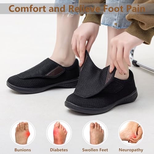 GURGER Diabetiker Schuhe Damen Herren Geschwollene Orthopädische Hausschuhe Leichte Weit Senioren Gesundheitsschuhe Klettverschluss Atmungsaktive Verbandschuhe, Größe 44 Schwarz
