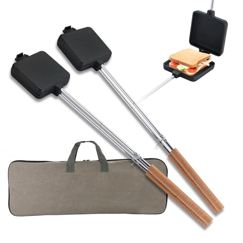 NATGAI 2 sándwiches de hierro fundido desmontable para fogata, 4.9 pulgadas grande con bolsa de almacenamiento, asas extendidas, para camping, barbacoa y cocina