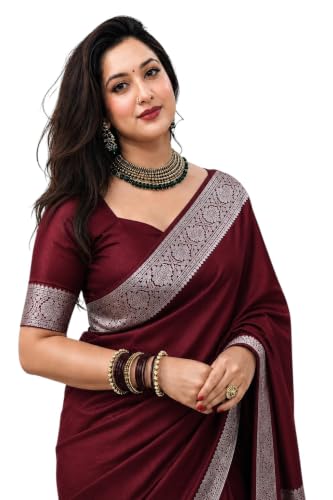 Image of Women's Glory Banarasi Satin Kanjivaram Saree Silver Zari Border Pure Soft Blend Silk Sari Kanchipuram Paithani Silk Party Wedding Festive New Ladies Sadi with Unstiched Blouse Piece.